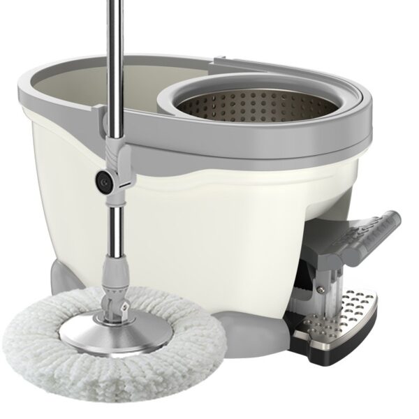 Set Galeata cu Pedala si Mop Rotativ 360Â°, , Cu Actiune Centrifuga x4, Pentru Uz Casnic, Maner din Otel Inoxidabil Telescopic, 2 Capte din Bumbac, 46x30x28 cm, Alb Ivoir