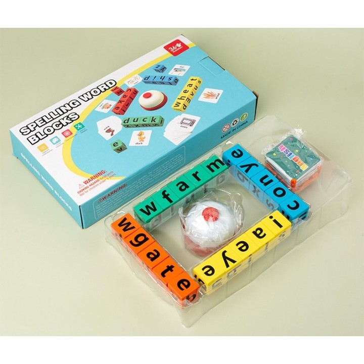 Joc cu Blocuri din Lemn, , Formare Cuvinte, Cartonase cu Obiecte si Animale, Clopotel, Joc pentru 4 Persoane, 3 Ani+, 28x15.5x5 cm, Multicolor - imagine 3