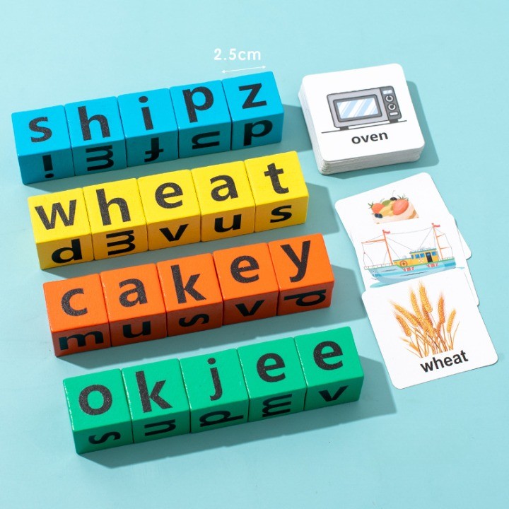 Joc cu Blocuri din Lemn, , Formare Cuvinte, Cartonase cu Obiecte si Animale, Clopotel, Joc pentru 4 Persoane, 3 Ani+, 28x15.5x5 cm, Multicolor - imagine 4