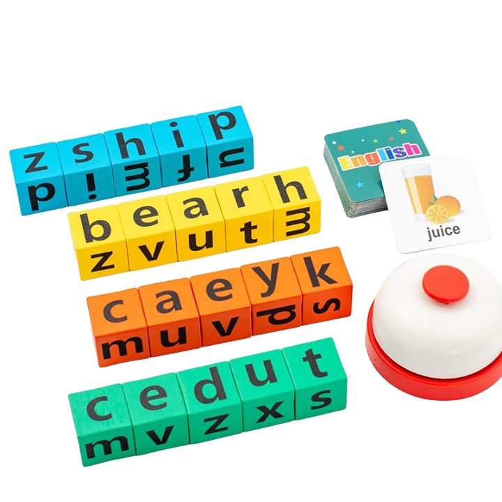 Joc cu Blocuri din Lemn, , Formare Cuvinte, Cartonase cu Obiecte si Animale, Clopotel, Joc pentru 4 Persoane, 3 Ani+, 28x15.5x5 cm, Multicolor