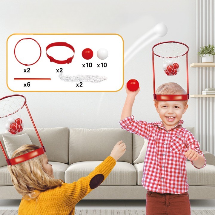 Set Interactiv pentru Copii, , Joc cu Doua Cosuri de Baschet de Pus pe Cap, Joc Dublu, 20 de Mingi Albe si Rosii, Multicolor - imagine 2