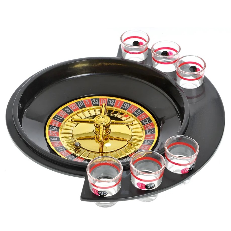 Joc de Baut Ruleta , cu 6 Pahare de Shot din Sticla , 30 x 26.5 x 6.5 cm, Rosu/Negru - imagine 3
