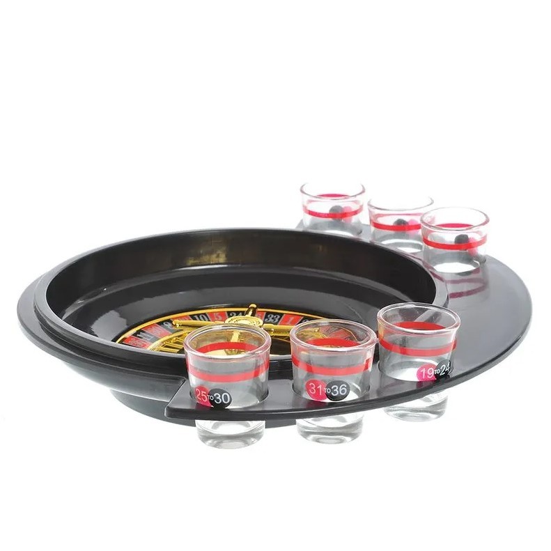 Joc de Baut Ruleta , cu 6 Pahare de Shot din Sticla , 30 x 26.5 x 6.5 cm, Rosu/Negru - imagine 4