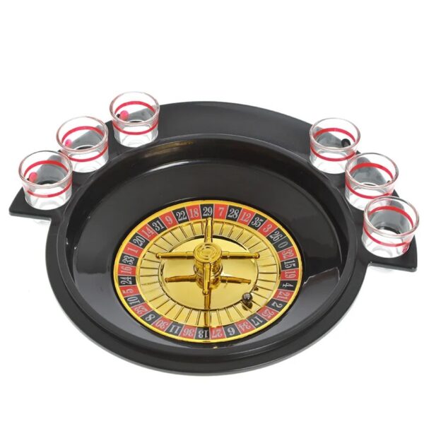 Joc de Baut Ruleta , cu 6 Pahare de Shot din Sticla , 30 x 26.5 x 6.5 cm, Rosu/Negru