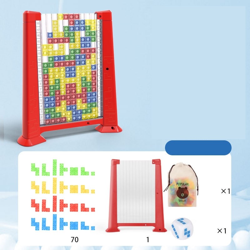 Joc de inteligenta Tetris puzzle tangram , 70 de piese multicolore, 3D, montessori, interactiv, din plastic, zar inclus, sac depozitare piese, varsta peste 6 ani, 23 x 19.8 x 5 cm, cadru rosu - imagine 3