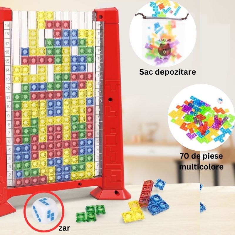Joc de inteligenta Tetris puzzle tangram , 70 de piese multicolore, 3D, montessori, interactiv, din plastic, zar inclus, sac depozitare piese, varsta peste 6 ani, 23 x 19.8 x 5 cm, cadru rosu - imagine 2