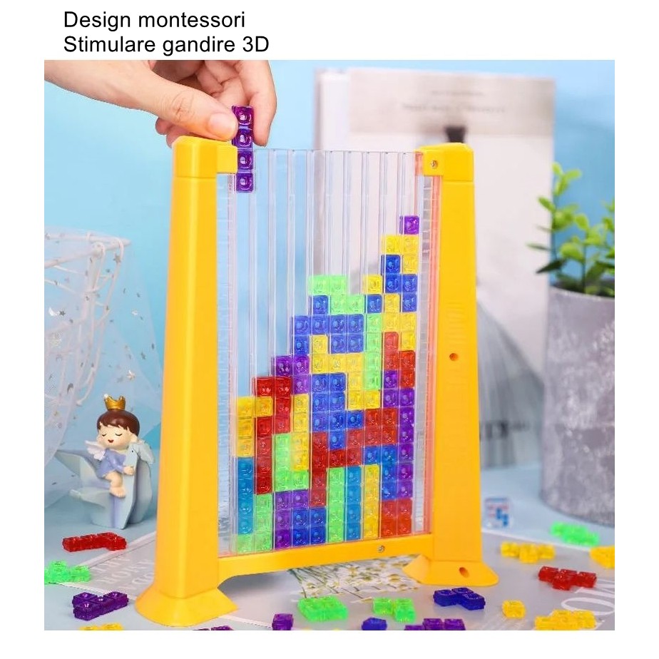 Joc de inteligenta Tetris puzzle tangram , 70 de piese multicolore, 3D, montessori, interactiv, din plastic, zar inclus, sac depozitare piese, varsta peste 6 ani, 23 x 19.8 x 5 cm, cadru galben - imagine 2