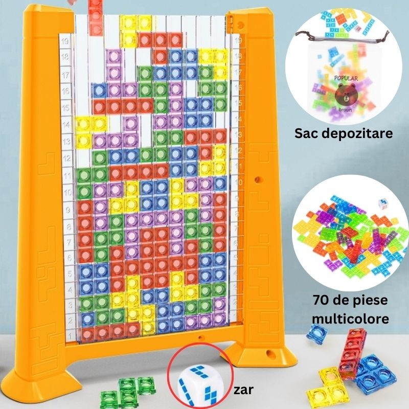 Joc de inteligenta Tetris puzzle tangram , 70 de piese multicolore, 3D, montessori, interactiv, din plastic, zar inclus, sac depozitare piese, varsta peste 6 ani, 23 x 19.8 x 5 cm, cadru galben - imagine 3