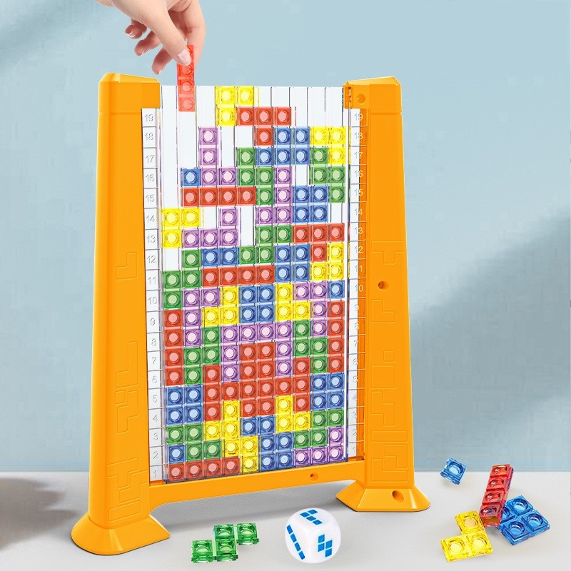 Joc de inteligenta Tetris puzzle tangram , 70 de piese multicolore, 3D, montessori, interactiv, din plastic, zar inclus, sac depozitare piese, varsta peste 6 ani, 23 x 19.8 x 5 cm, cadru galben - imagine 4