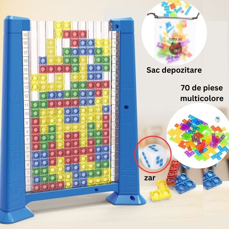 Joc de inteligenta Tetris puzzle tangram , 70 de piese multicolore, 3D, montessori, interactiv, din plastic, zar inclus, sac depozitare piese, varsta peste 6 ani, 23 x 19.8 x 5 cm, cadru albastru - imagine 2