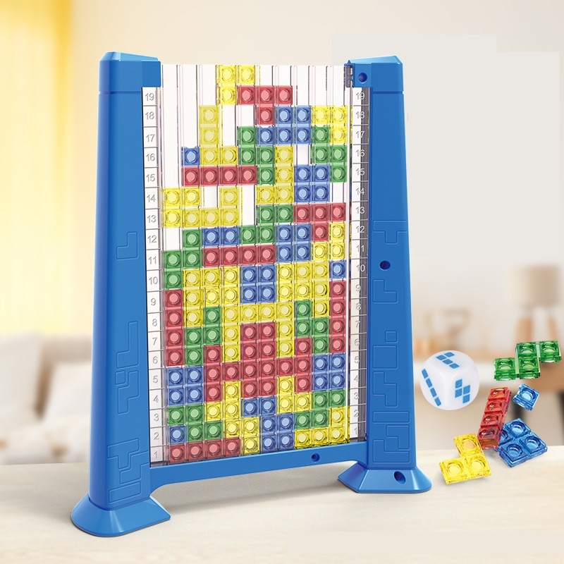 Joc de inteligenta Tetris puzzle tangram , 70 de piese multicolore, 3D, montessori, interactiv, din plastic, zar inclus, sac depozitare piese, varsta peste 6 ani, 23 x 19.8 x 5 cm, cadru albastru - imagine 3