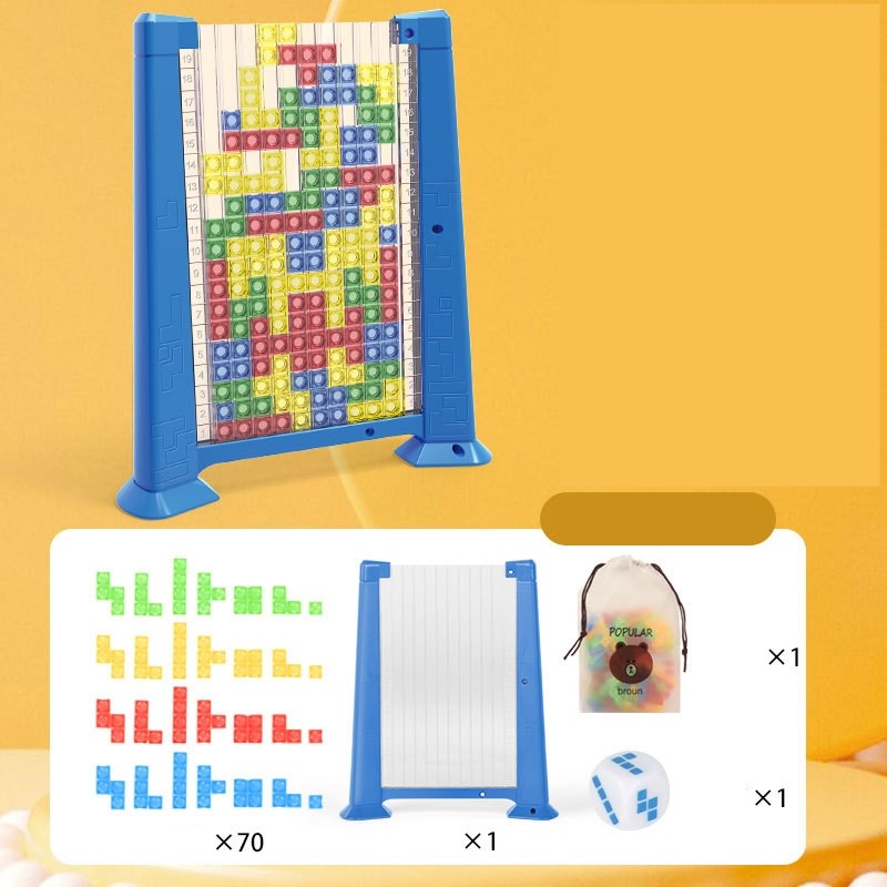 Joc de inteligenta Tetris puzzle tangram , 70 de piese multicolore, 3D, montessori, interactiv, din plastic, zar inclus, sac depozitare piese, varsta peste 6 ani, 23 x 19.8 x 5 cm, cadru albastru - imagine 4