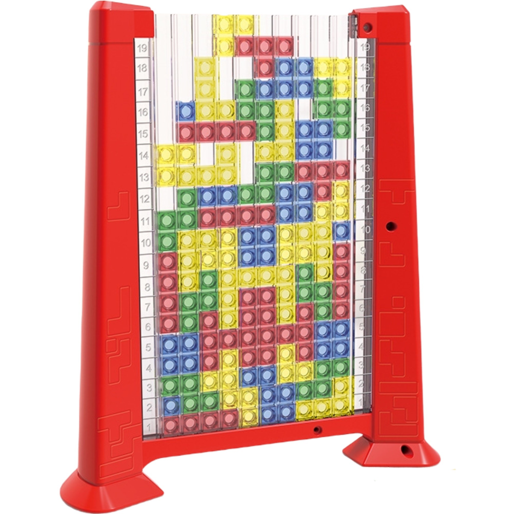 Joc de inteligenta Tetris puzzle tangram , 70 de piese multicolore, 3D, montessori, interactiv, din plastic, zar inclus, sac depozitare piese, varsta peste 6 ani, 23 x 19.8 x 5 cm, cadru rosu