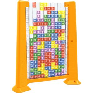Joc de inteligenta Tetris puzzle tangram , 70 de piese multicolore, 3D, montessori, interactiv, din plastic, zar inclus, sac depozitare piese, varsta peste 6 ani, 23 x 19.8 x 5 cm, cadru galben