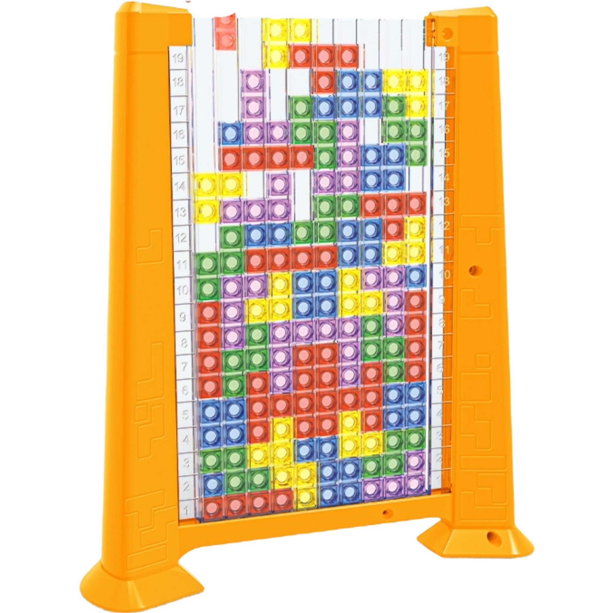 Joc de inteligenta Tetris puzzle tangram , 70 de piese multicolore, 3D, montessori, interactiv, din plastic, zar inclus, sac depozitare piese, varsta peste 6 ani, 23 x 19.8 x 5 cm, cadru galben