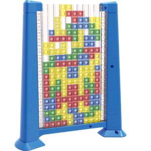 Joc de inteligenta Tetris puzzle tangram , 70 de piese multicolore, 3D, montessori, interactiv, din plastic, zar inclus, sac depozitare piese, varsta peste 6 ani, 23 x 19.8 x 5 cm, cadru albastru