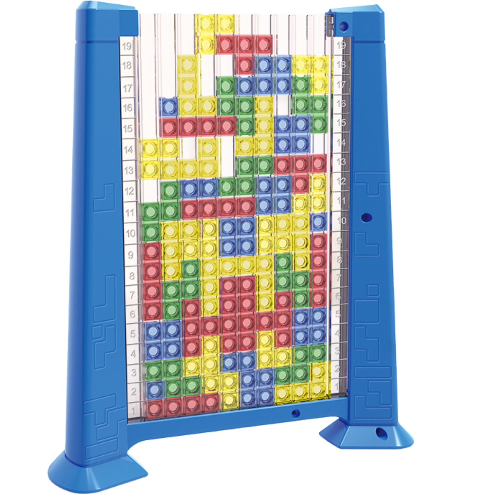 Joc de inteligenta Tetris puzzle tangram , 70 de piese multicolore, 3D, montessori, interactiv, din plastic, zar inclus, sac depozitare piese, varsta peste 6 ani, 23 x 19.8 x 5 cm, cadru albastru