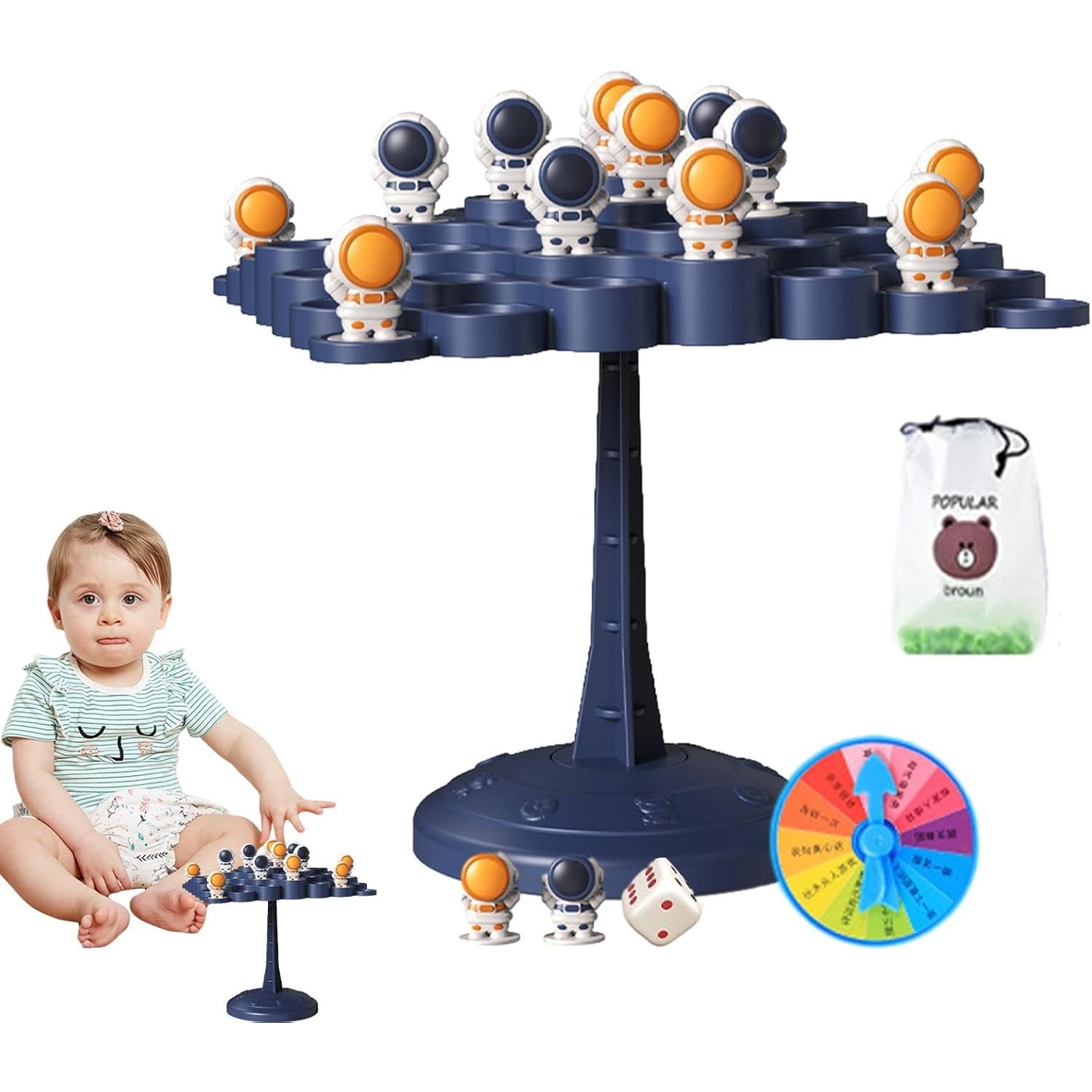 Joc Interactiv, , Astronauti in Echilibru, +3 Ani, din Plastic, 50 de Pioni, Placa de Echilibru, Roata cu Pedepse, Zar, 14 x 7 x 14 cm, Albastru - imagine 2