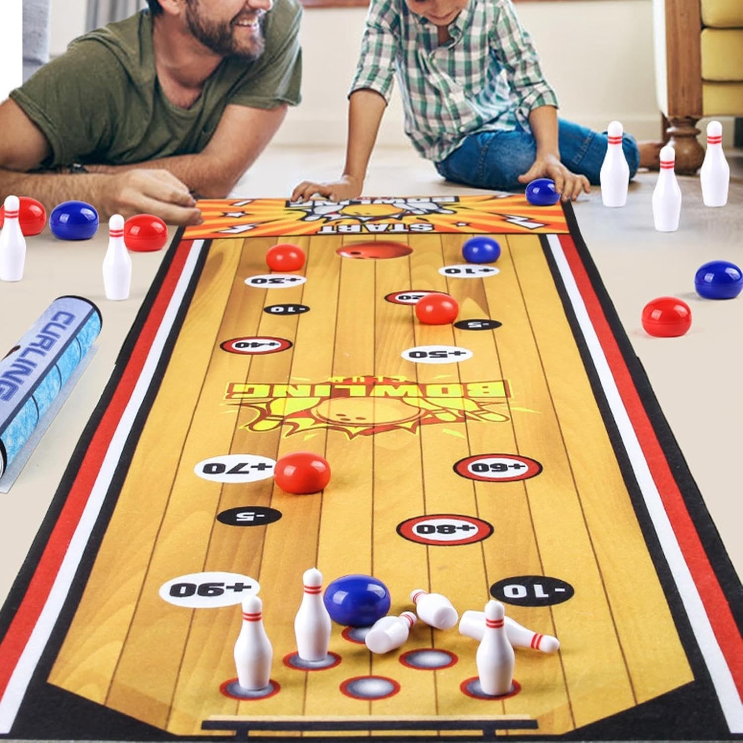 Joc Interactiv, , Covor de Bowling 90 x 20 cm, 1-4 Jucatori, +5 Ani, 6 Mingi Incluse, 6 Popice, Galben - imagine 3