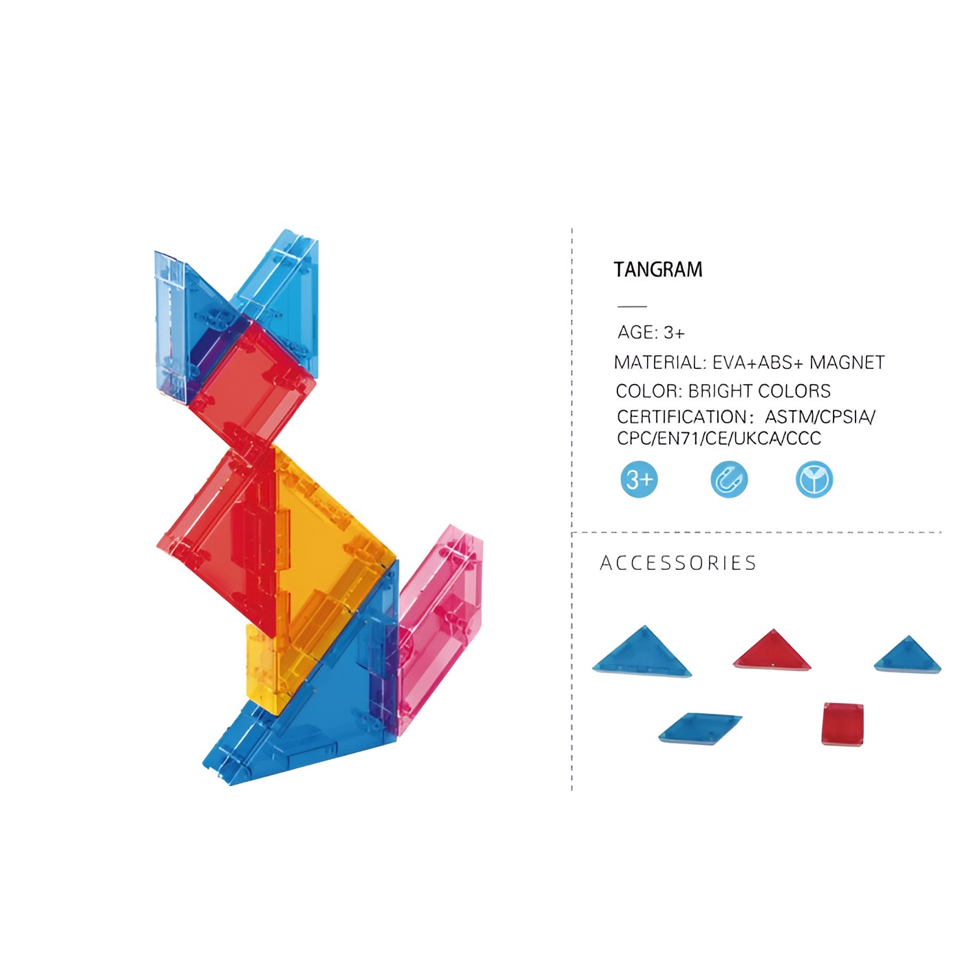 Joc Magnetic Tangram, , 7 Piese Magnetice, Forme Geometrice, 3 Ani, EVA, ABS, Magnet, 10.5 x 10.5 x 2.2 cm, Multicolor - imagine 2