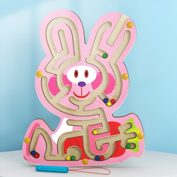 Joc Montessori cu Bile, , Creion Magnetic, Tip Labirint, din Lemn, Model Iepuras, 19.5x15.5 cm, Roz - imagine 2