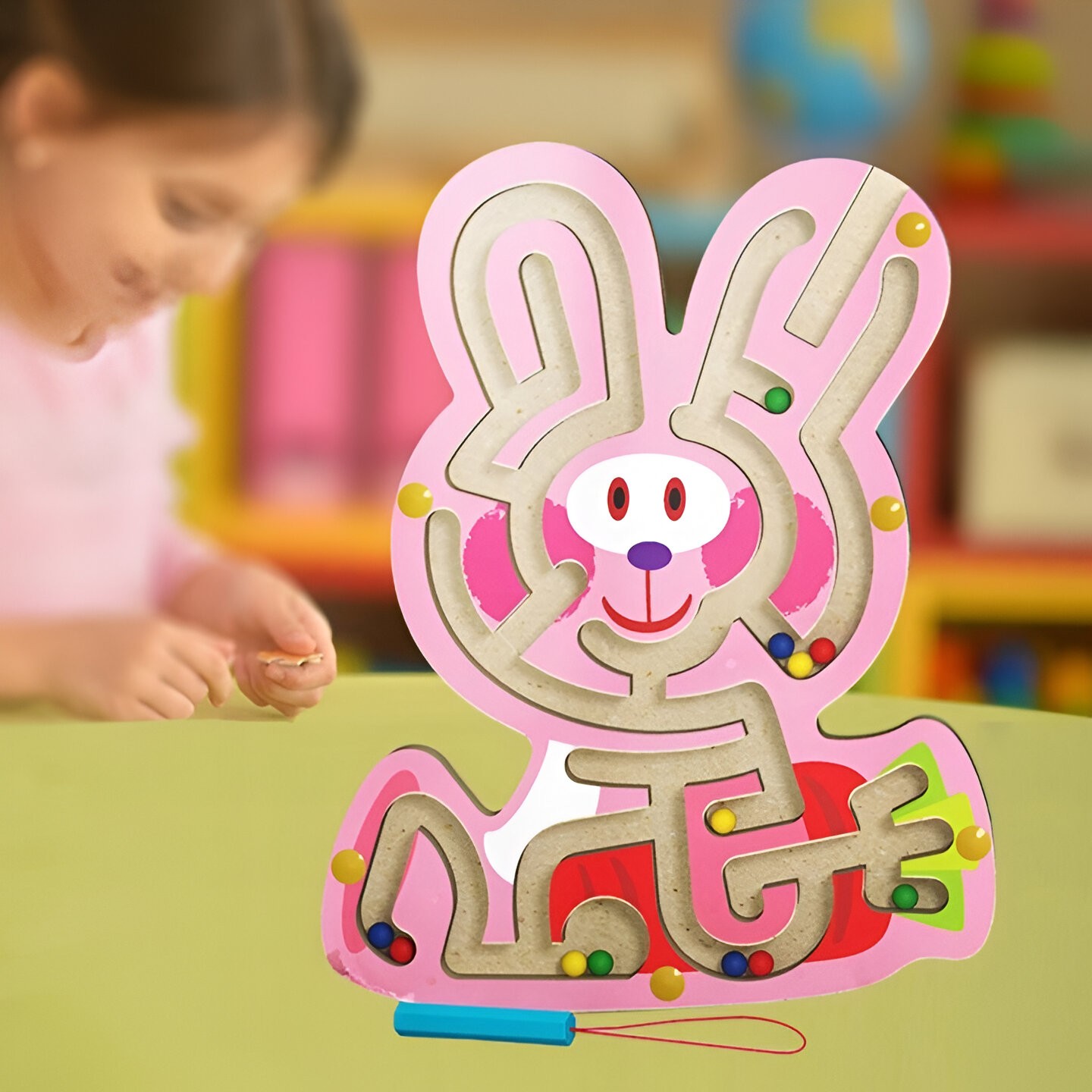 Joc Montessori cu Bile, , Creion Magnetic, Tip Labirint, din Lemn, Model Iepuras, 19.5x15.5 cm, Roz - imagine 4