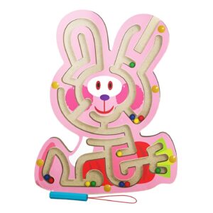 Joc Montessori cu Bile, , Creion Magnetic, Tip Labirint, din Lemn, Model Iepuras, 19.5x15.5 cm, Roz