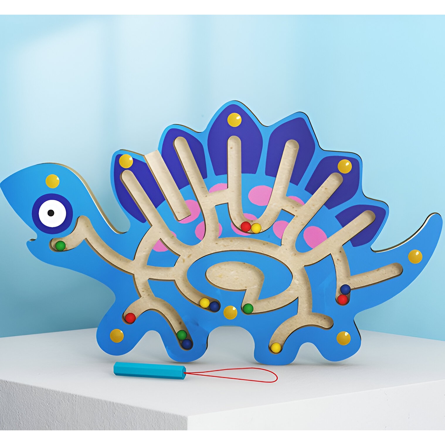 Joc Montessori cu Bile, , Creion Magnetic, Tip Labirint, din Lemn, Model Stegozaur, 25x15.5 cm, Albastru - imagine 2