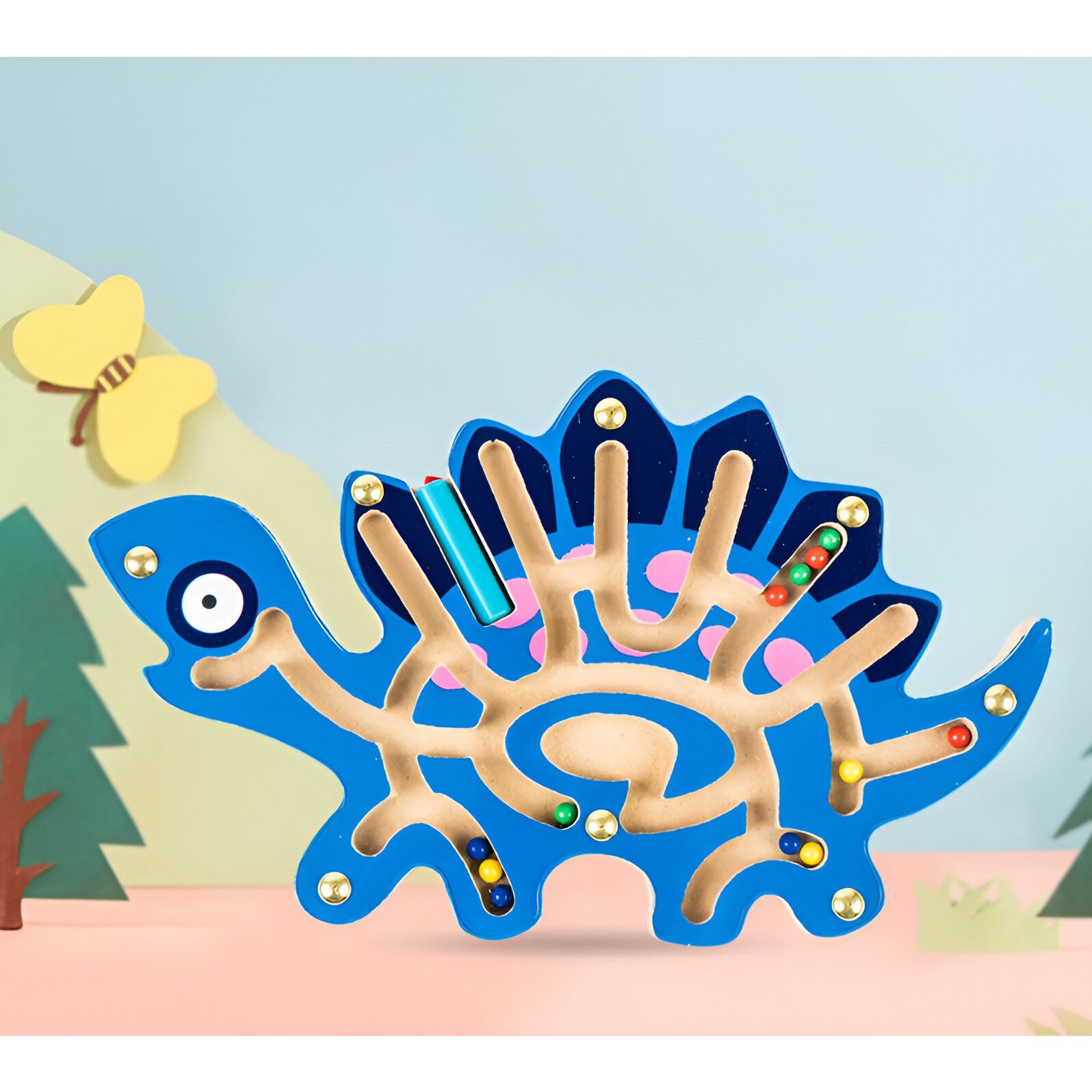 Joc Montessori cu Bile, , Creion Magnetic, Tip Labirint, din Lemn, Model Stegozaur, 25x15.5 cm, Albastru - imagine 3