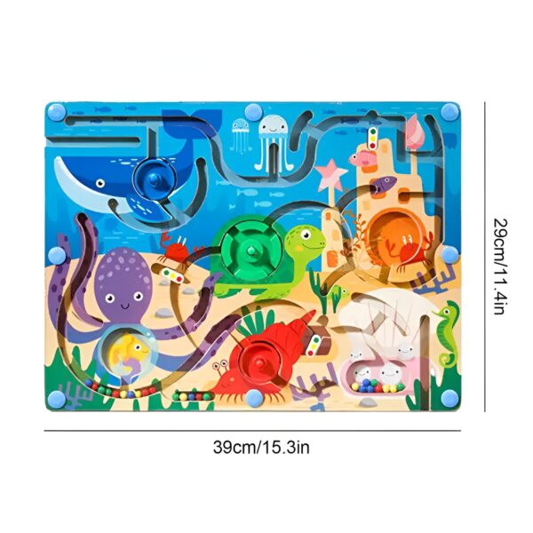 Joc Montessori de Sortare Culori, , Creion Magnetic, Tip Labirint Ilustrat, din Lemn, Model Animale Marine, 39x29x1.5 cm - imagine 3