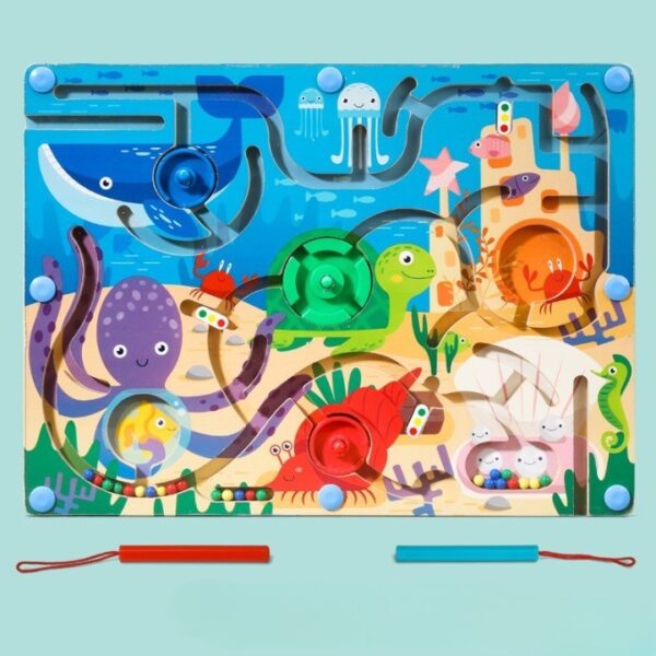 Joc Montessori de Sortare Culori, , Creion Magnetic, Tip Labirint Ilustrat, din Lemn, Model Animale Marine, 39x29x1.5 cm - imagine 4