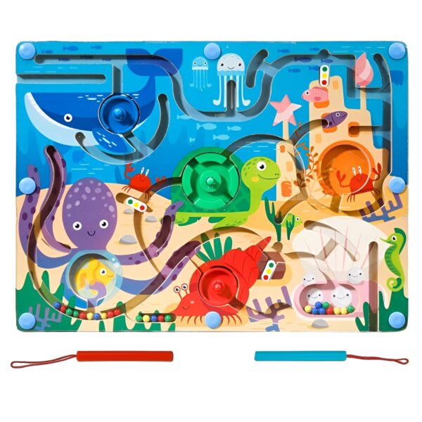 Joc Montessori de Sortare Culori, , Creion Magnetic, Tip Labirint Ilustrat, din Lemn, Model Animale Marine, 39x29x1.5 cm