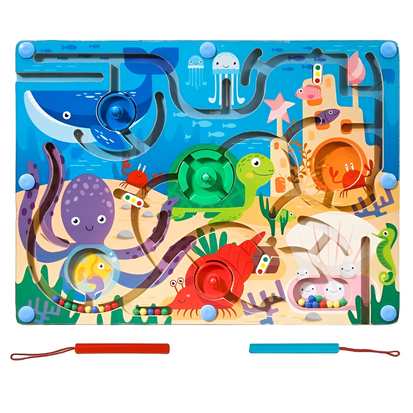 Joc Montessori de Sortare Culori, , Creion Magnetic, Tip Labirint Ilustrat, din Lemn, Model Animale Marine, 39x29x1.5 cm