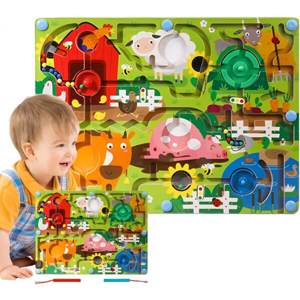 Joc Montessori de Sortare Culori, , Creion Magnetic, Tip Labirint Ilustrat, din Lemn, Model Ferma, 39x29x1.5 cm - imagine 4