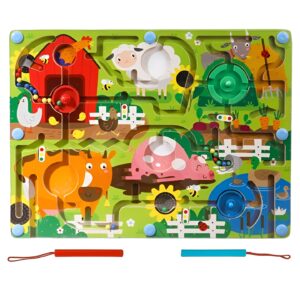 Joc Montessori de Sortare Culori, , Creion Magnetic, Tip Labirint Ilustrat, din Lemn, Model Ferma, 39x29x1.5 cm