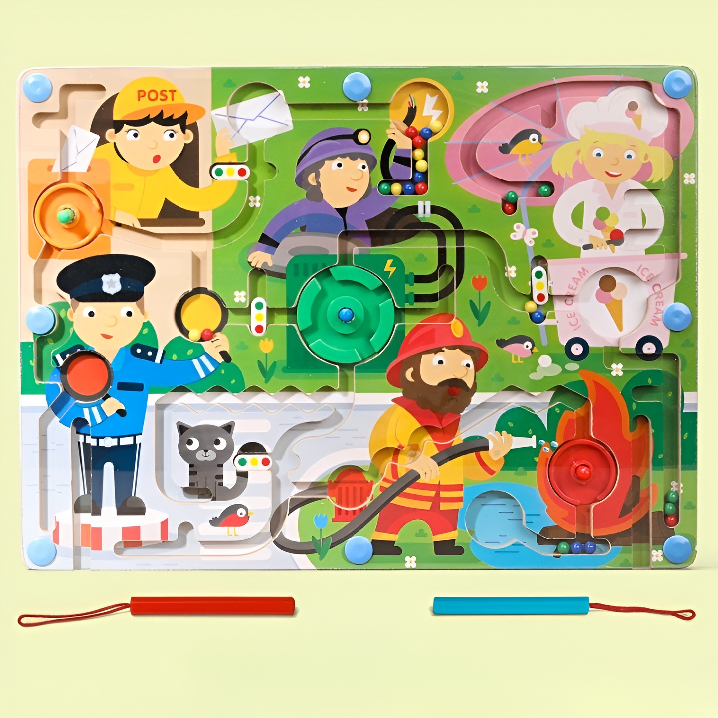 Joc Montessori de Sortare Culori, , Creion Magnetic, Tip Labirint Ilustrat, din Lemn, Model Meserii, 39x29x1.5 cm - imagine 3