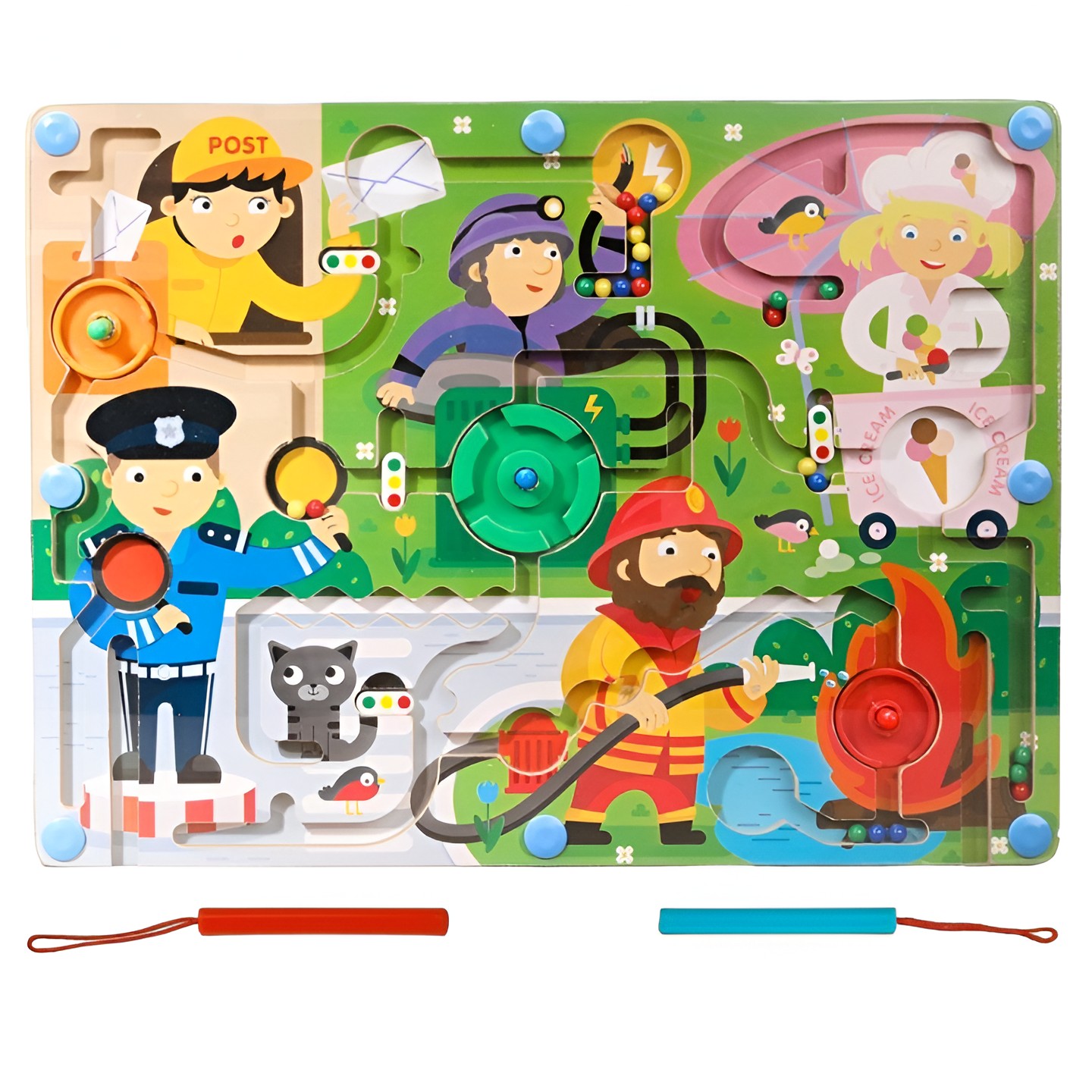 Joc Montessori de Sortare Culori, , Creion Magnetic, Tip Labirint Ilustrat, din Lemn, Model Meserii, 39x29x1.5 cm