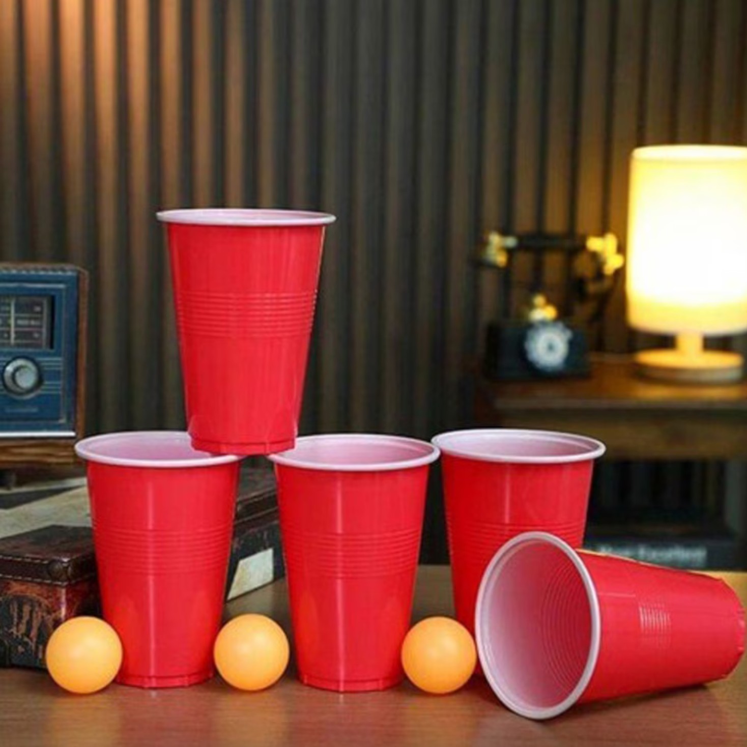 Joc de Baut BEER PONG, , Set din 12 Mingi de Tenis si 12 Pahare Reutilizabile, Joc Interactiv pentu Adulti, Albastru Rosu - imagine 3