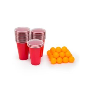 Joc de Baut BEER PONG, , Set din 12 Mingi de Tenis si 12 Pahare Reutilizabile, Joc Interactiv pentu Adulti, Albastru Rosu
