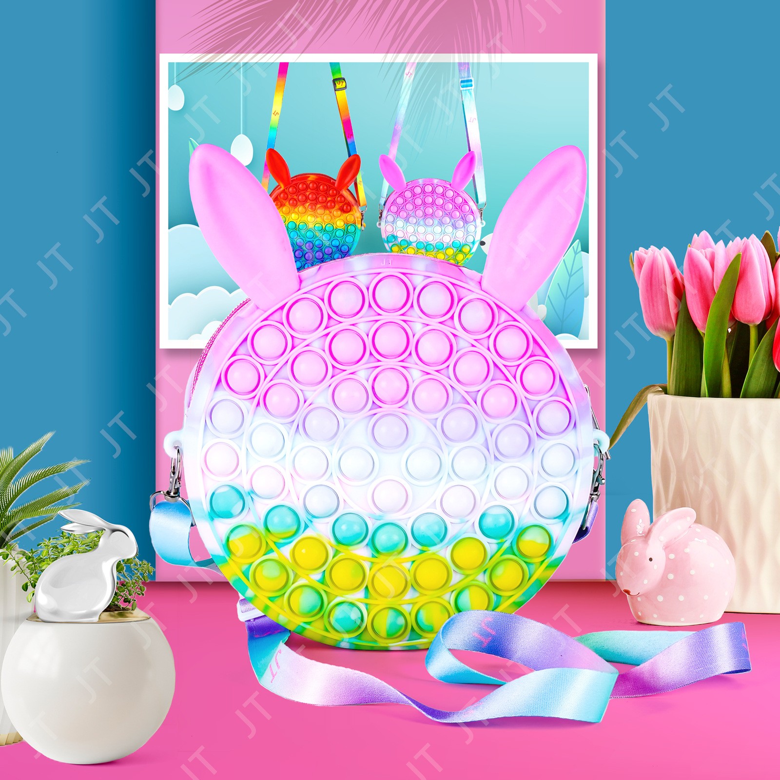 Jucarie antistres din silicon , Geanta Pop It, 16 cm, Iepuras, Macarons - imagine 4