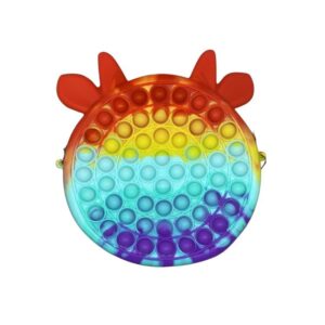 Jucarie antistres din silicon , Geanta Pop It, Vacuta, 16 cm, Curcubeu