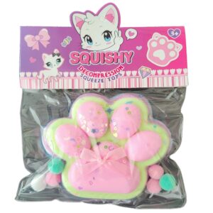 Jucarie Antistres Squishy, , cu Revenire Lenta, Model Labuta de Pisica Pufoasa, 12.5x10.5 cm, 200g, Squeeze Pinch Family, Ambalaj Transparent, Roz Curcubeu