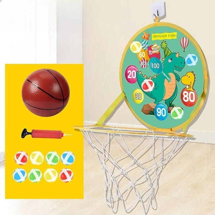 Jucarie Interactiva, , 2 in 1, Cos de Basket si Tinta de Darts, Minge 16 cm, Pompa, 8 Mingii cu Scai, Model Dragon, Multicolor - imagine 3