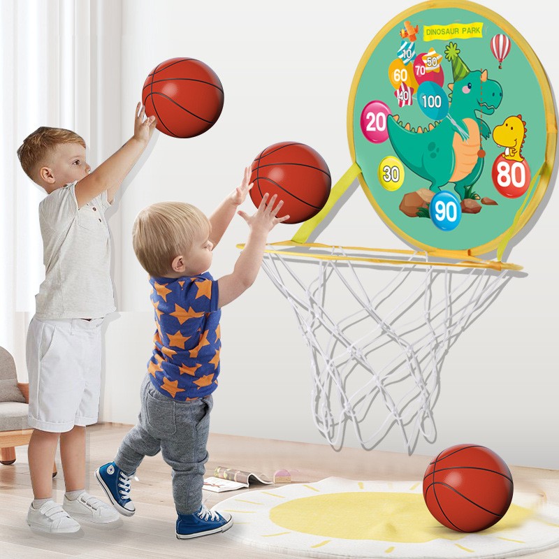 Jucarie Interactiva, , 2 in 1, Cos de Basket si Tinta de Darts, Minge 16 cm, Pompa, 8 Mingii cu Scai, Model Dragon, Multicolor - imagine 4