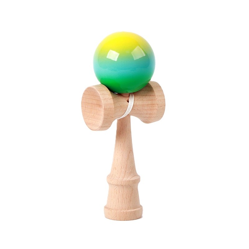 Jucarie Interactiva Kendama, , din Lemn, 18 cm, Joc de Indemanare pentru Copii si Adulti, Model Gradient 12, Galben/Albastru/Verde