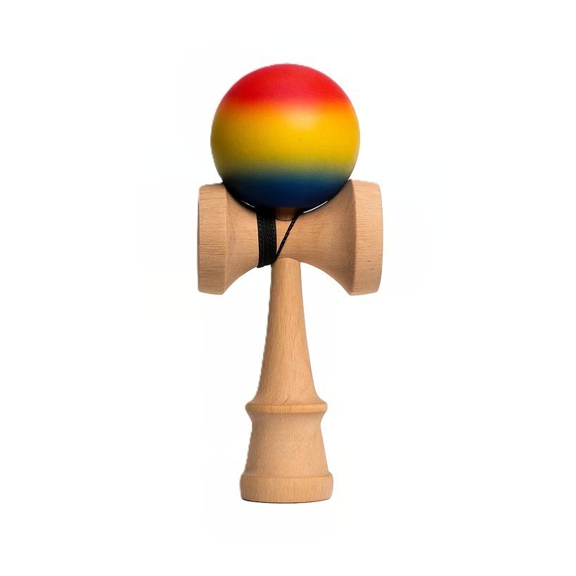 Jucarie Interactiva Kendama, , din Lemn, 18 cm, Joc de Indemanare pentru Copii si Adulti, Model Gradient 8, Rosu/ Galben/ Albastru