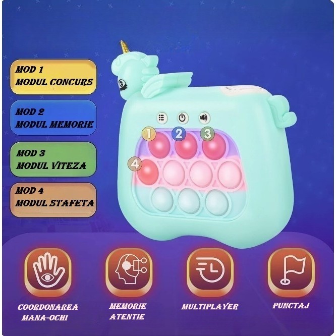 Jucarie Interactiva Tip Consola pentru Copii, , 12 Nivele, Diferite Moduri de Joc, Material ABS/silicon, cu Nivele, Sunete si Lumini, 13.5 x 5.5 x 12.5 cm, Model Unicorn, Albastru - imagine 4