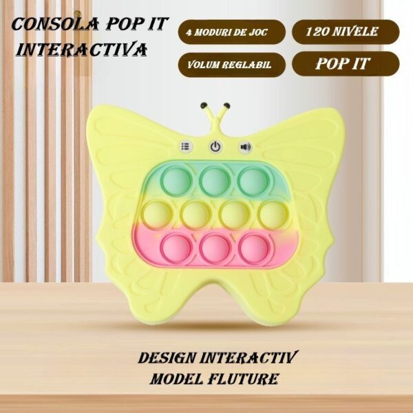 Jucarie Interactiva Tip Consola pentru Copii, , Diferite Moduri de Joc, 120 Nivele, Material ABS/silicon, cu Nivele, Sunete si Lumini, 12 x 5.5 x 13.5 cm cm, Model Fluture, Galben - imagine 3