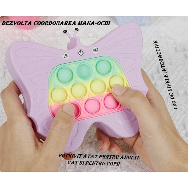 Jucarie Interactiva Tip Consola pentru Copii, , Diferite Moduri de Joc, 120 Nivele, Material ABS/silicon, Sunete si Lumini, 12 x 5.5 x 13.5 cm, Model Fluture, Mov - imagine 3