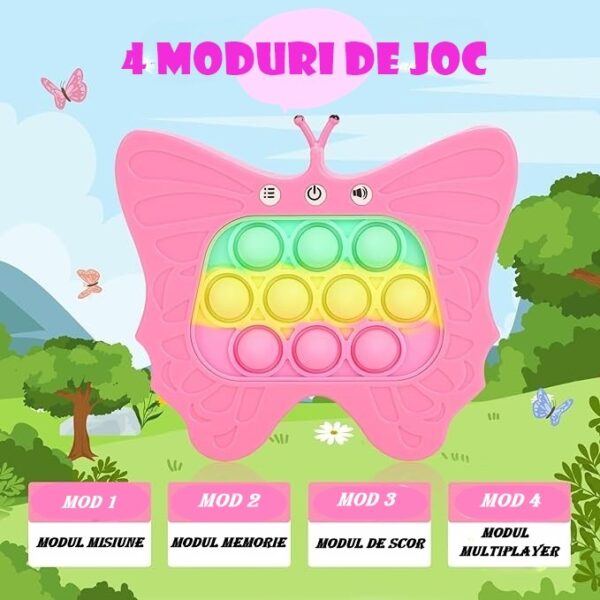 Jucarie Interactiva Tip Consola pentru Copii, , Diferite Moduri de Joc, 120 Nivele, Material ABS/silicon, Sunete si Lumini, 12 x 5.5 x 13.5 cm, Model Fluture, Fucsia - imagine 2
